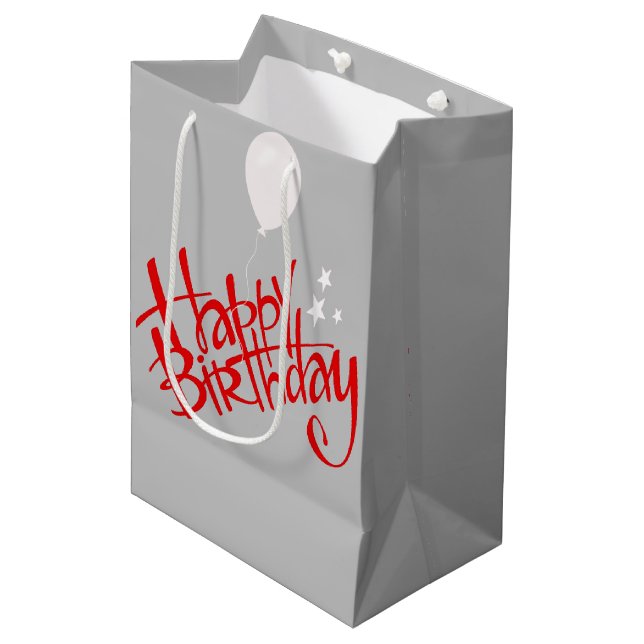 Red Happy Birthday on Grey  Medium Gift Bag (Front Angled)