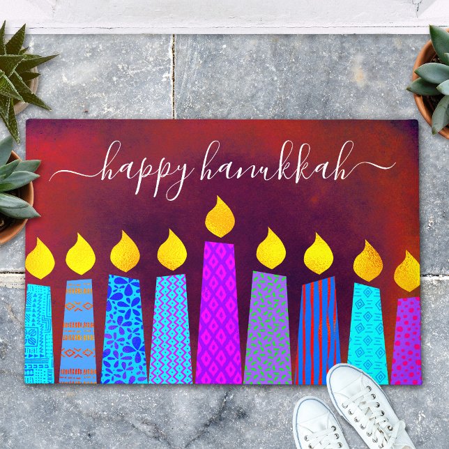 Red Happy Hanukkah Script Boho Candles Bold Modern Doormat (Creator Uploaded)