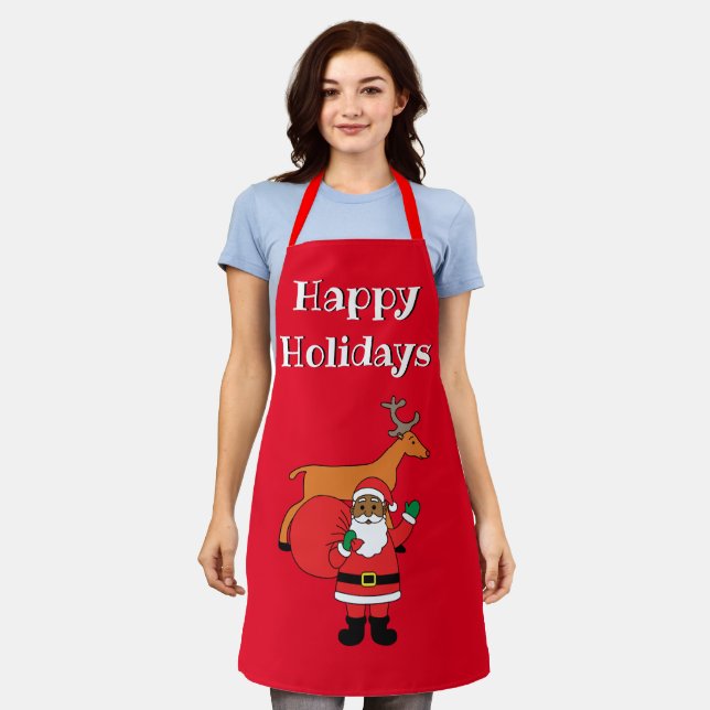 Red Happy Holidays African American Santa Claus Apron (Worn)