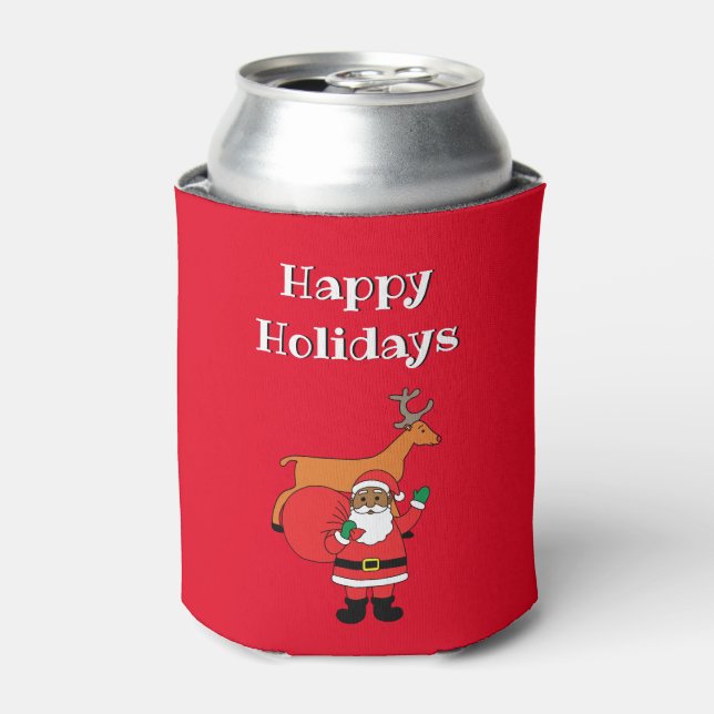 Red Happy Holidays African American Santa Claus Can Cooler (Can Front)