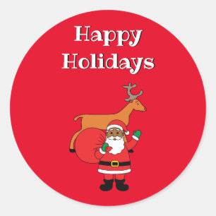 Red Happy Holidays African American Santa Claus Classic Round Sticker