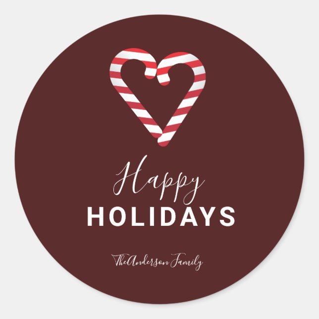 Red Happy Holidays Simple Candy Cane Christmas Classic Round Sticker (Front)