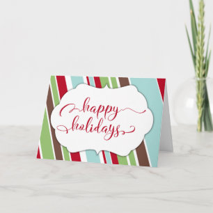 Red Happy Holidays Typography w/ Diagonal Stripes Holiday Card