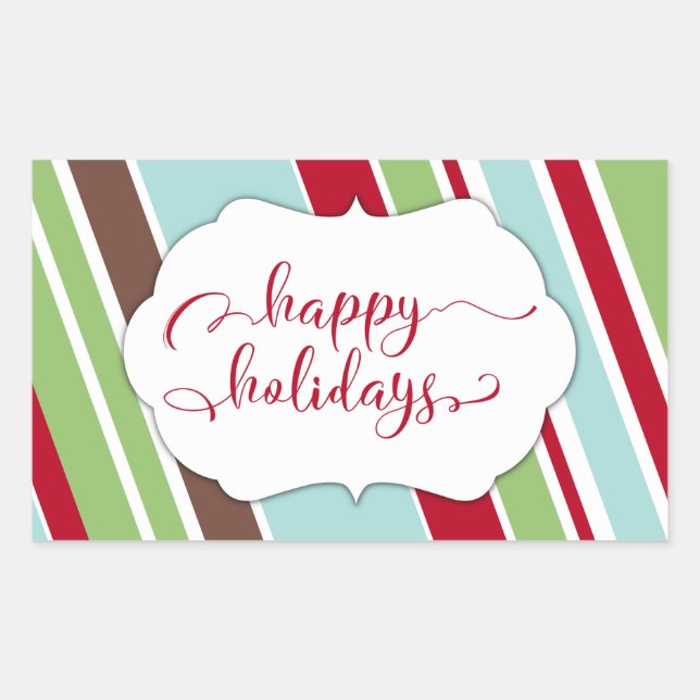 Red Happy Holidays Typography w/ Diagonal Stripes Sticker (Front)