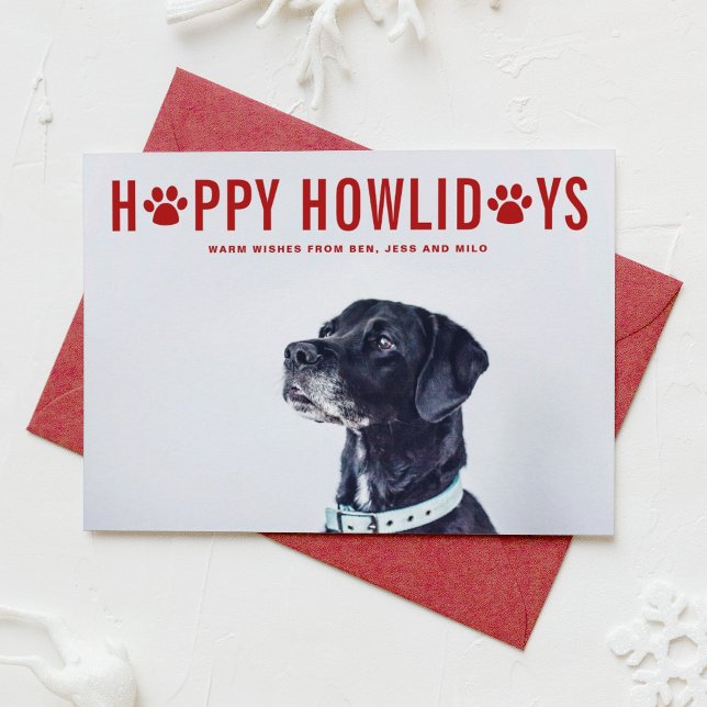 Red Happy Howlidays Modern Typography Pet Holiday Card (Creator Uploaded)