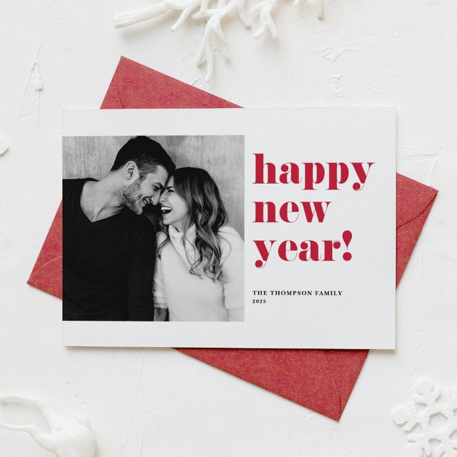 Red Happy New Year 2025 Bold Typography Photo Holiday Card (Creator Uploaded)