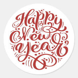 Red Happy New Year Modern Calligraphy  Classic Round Sticker