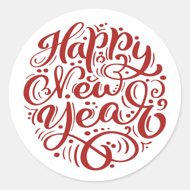 Red Happy New Year Modern Calligraphy  Classic Round Sticker (Front)
