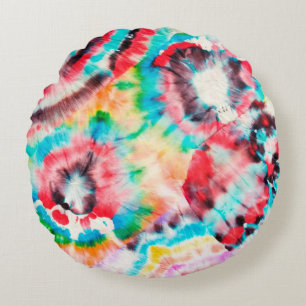 Red Hard Grunge. Shibori Pattern. Golden Brush Gra Round Pillow