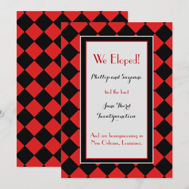 Red Harlequin Pattern Elopement Announcement (Front/Back)