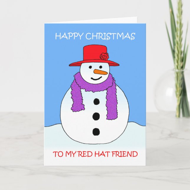 Red Hat Christmas Snowman Cartoon Card (Front)