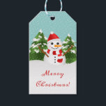 Red Hat Snowman Fir Tree Winter Forest Christmas Gift Tags<br><div class="desc">Destei's cartoon illustration of a cute smiling snowman. The snowman is wearing a red hat and a scarf that has red and white stripes on it. His nose is made of an orange carrot and his arms are made of brown sticks. Behind the snowman are two fir trees with some...</div>