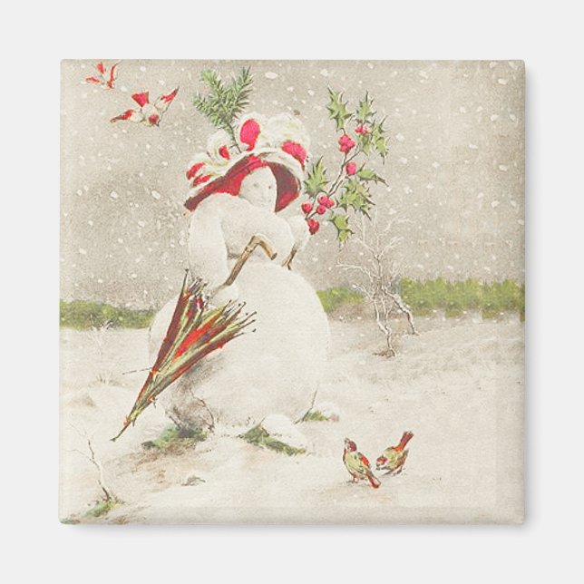 Red Hat Snowwoman Vintage Magnet (Front)