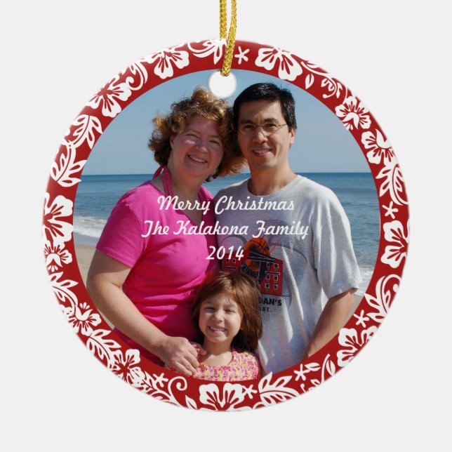 Red Hawaiian Hibiscus Christmas Photo Ornament (Front)