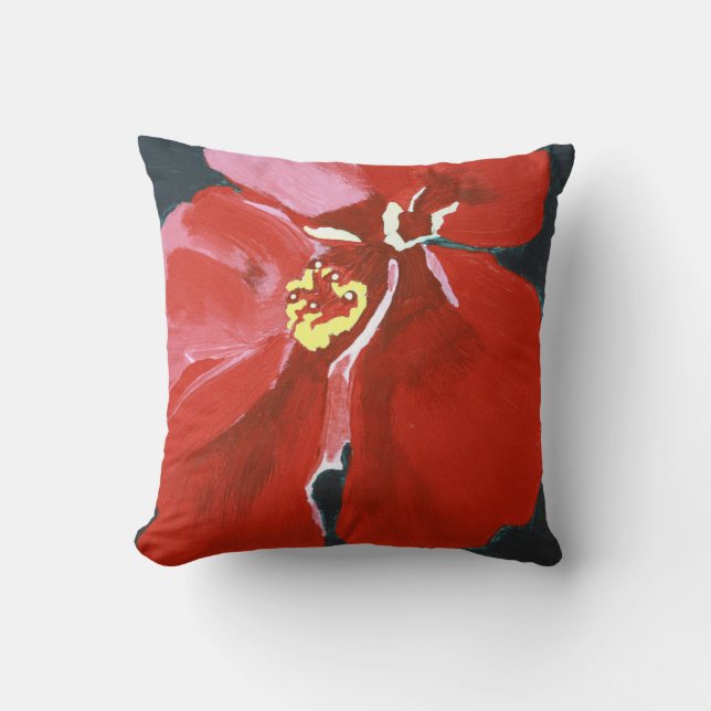 Red Hawaiian Hibiscus Flower Painting Throw Pillow (Front)