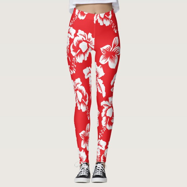 Red Hawaiian Hibiscus Flowers Leggings (Front)