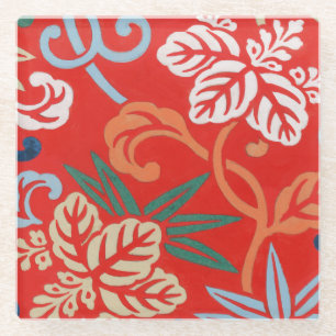 Red Hawaiian Japanese Kimono Glass Coaster