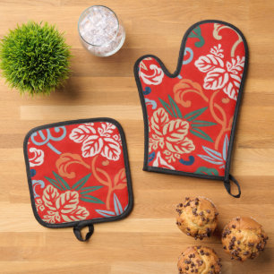 Red Hawaiian Japanese Kimono Oven Mitt & Pot Holder Set