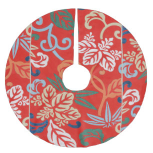 Red Hawaiian Japanese Kimono: Vintage Floral Brushed Polyester Tree Skirt