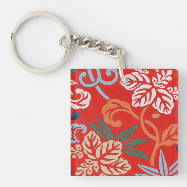 Red Hawaiian Japanese Kimono: Vintage Floral Keychain (Front)