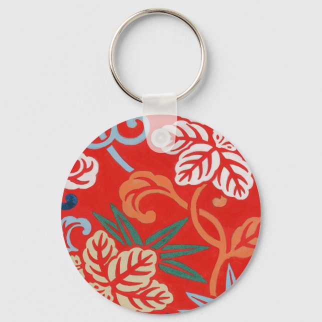 Red Hawaiian Japanese Kimono: Vintage Floral Keychain (Front)