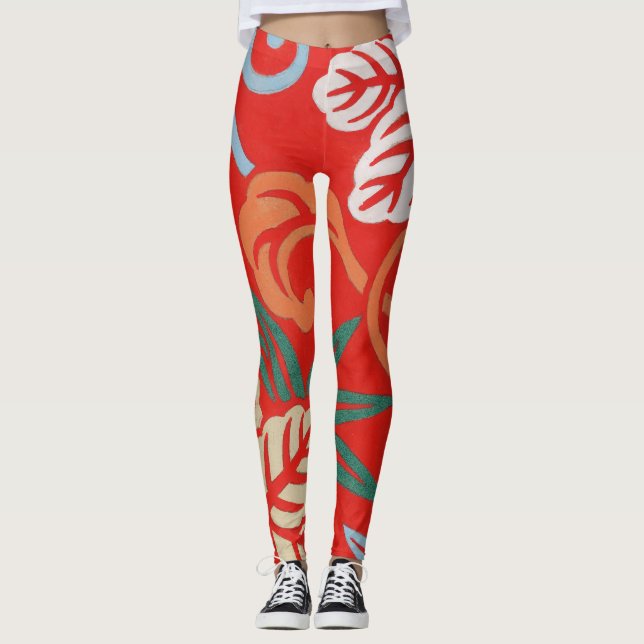 Red Hawaiian Japanese Kimono: Vintage Floral Leggings (Front)