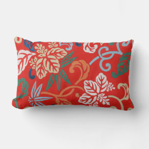 Red Hawaiian Japanese Kimono: Vintage Floral Lumbar Pillow