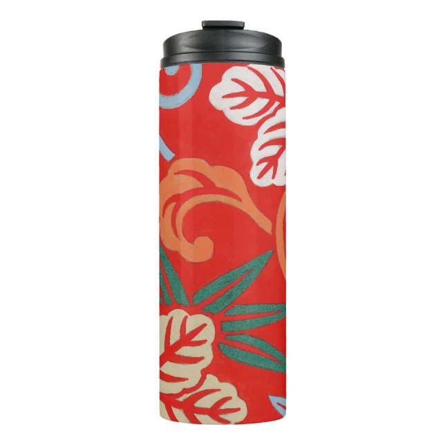 Red Hawaiian Japanese Kimono: Vintage Floral Thermal Tumbler (Front)