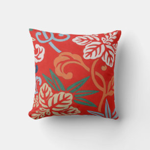 Red Hawaiian Japanese Kimono: Vintage Floral Throw Pillow