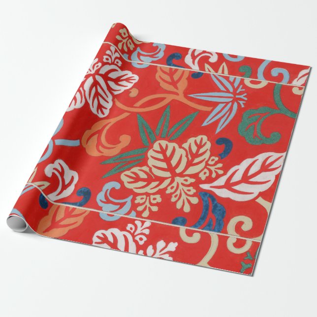 Red Hawaiian Japanese Kimono: Vintage Floral Wrapping Paper (Unrolled)