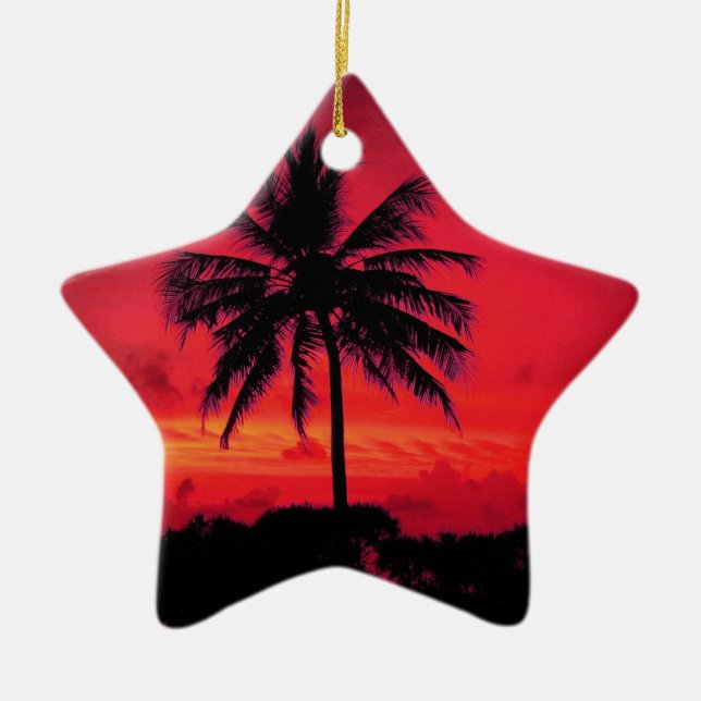 Red Hawaiian Sunset Exotic Palm Trees Ceramic Ornament (Front)