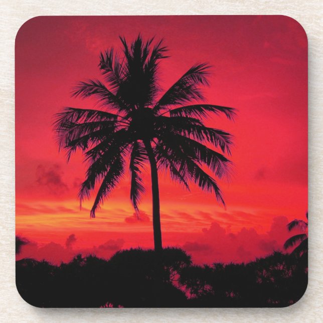 Red Hawaiian Sunset Exotic Palm Trees Coaster (Front)