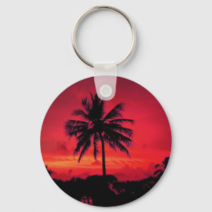 Red Hawaiian Sunset Exotic Palm Trees Keychain