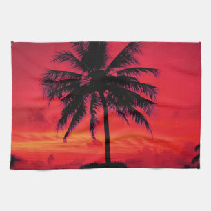 Red Hawaiian Sunset Exotic Palm Trees Kitchen Towel