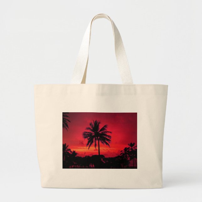Red Hawaiian Sunset Exotic Palm Trees Large Tote Bag (Front)