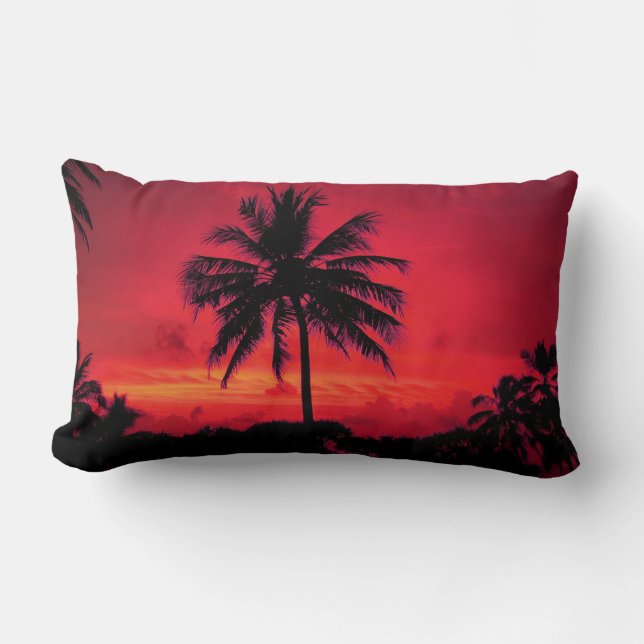 Red Hawaiian Sunset Exotic Palm Trees Lumbar Pillow (Front)