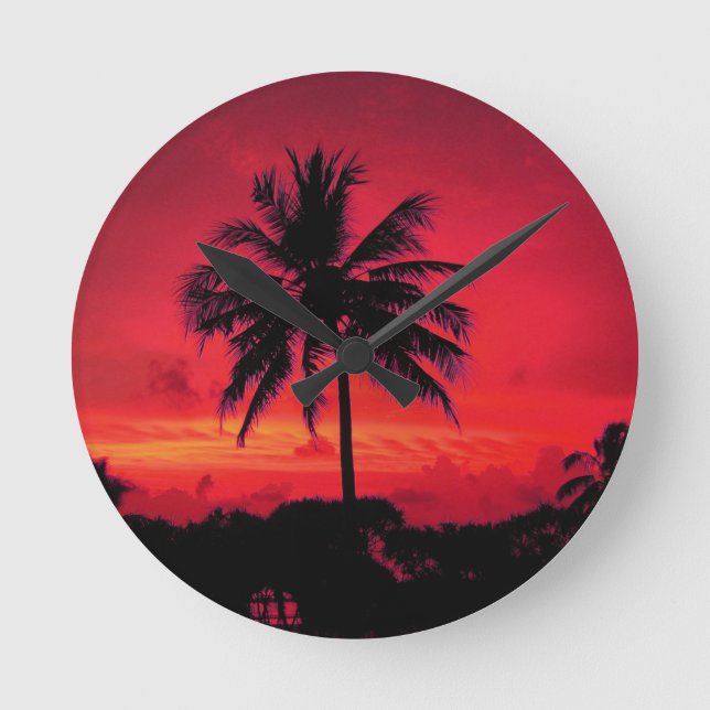 Red Hawaiian Sunset Exotic Palm Trees Round Clock (Front)