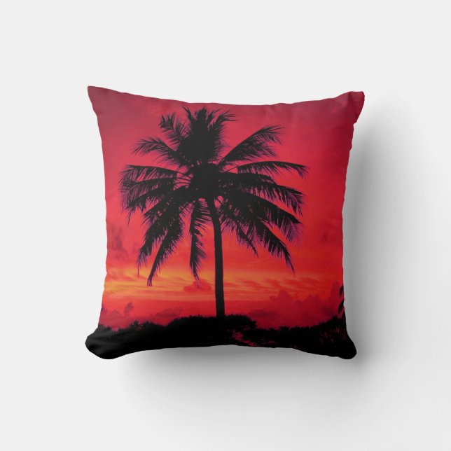 Red Hawaiian Sunset Exotic Palm Trees Throw Pillow (Front)