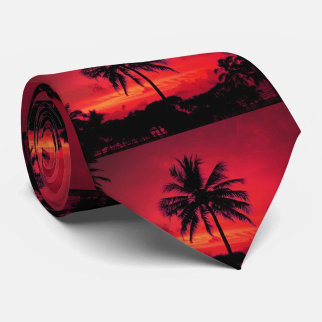 Red Hawaiian Sunset Exotic Palm Trees Tie (Rolled)