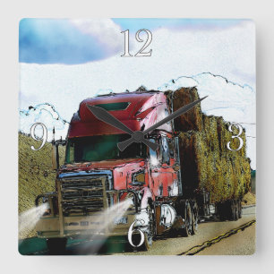 Red Hay Delivery Truck - Lorry and Highway Art Square Wall Clock