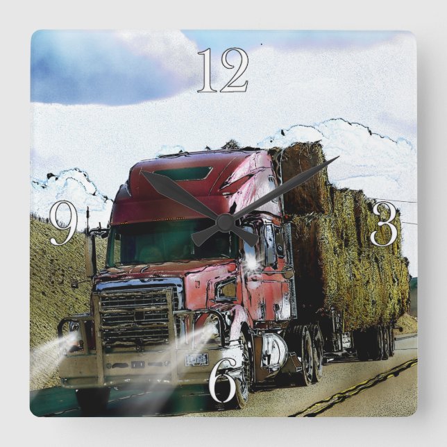 Red Hay Delivery Truck - Lorry and Highway Art Square Wall Clock (Front)