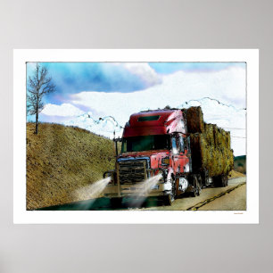 Red Hay Feed Truck Highway Driving Illustration Poster