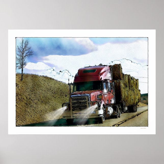 Red Hay Feed Truck Highway Driving Illustration Poster (Front)