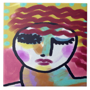 Red Head Abstract Digital Painting of a Woman Tile