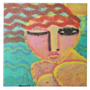 Red Head at the Beach Abstract Portrait on OSB Tile