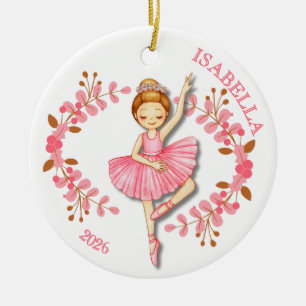 Red-Head Ballerina in Pink Ceramic Ornament