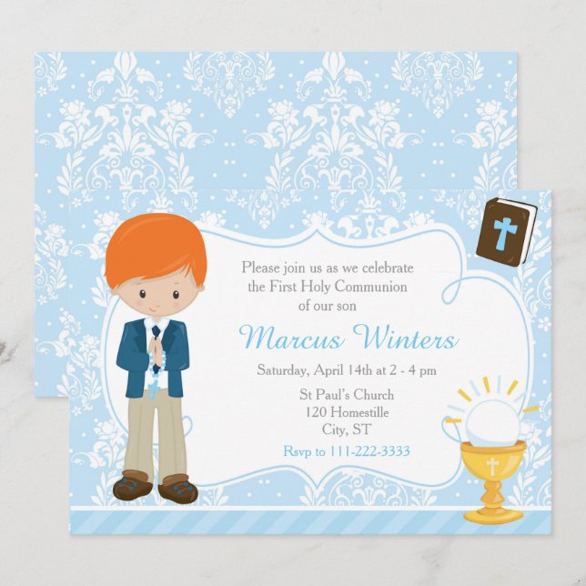 Red Head Boy First Communion Damask Invitation (Front/Back)
