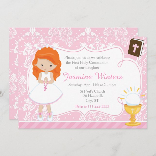 Red Head Girl First Communion Damask Invitation (Front/Back)