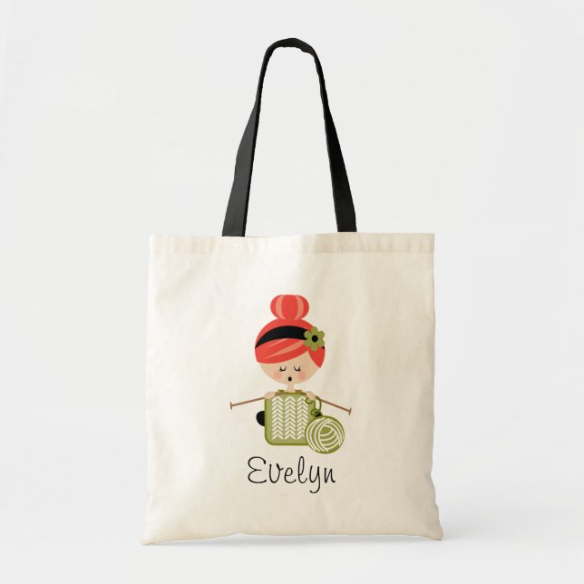 Red Head Knitting Girl Tote Bag (Front)