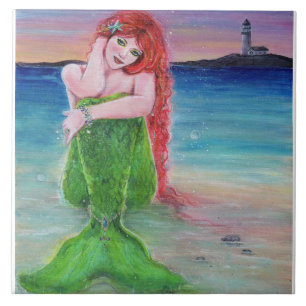 Red head mermaid on the beach with lighthouse. tile